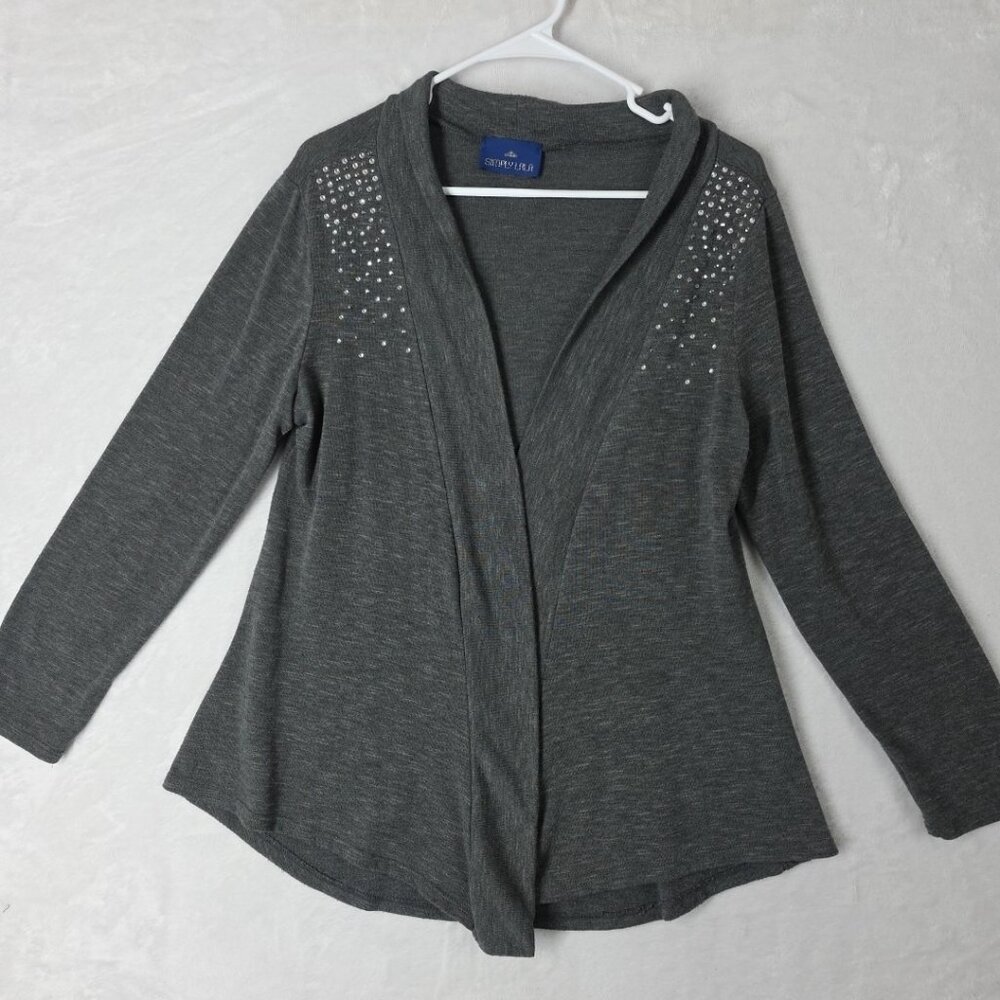 Simply Lala Women’s Open Front Cardigan Size Lg Gray Long Sleeve Studded